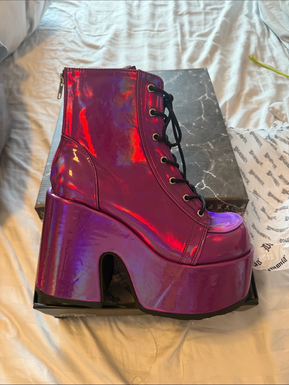 Demonia Iridescent Purple Platform Boots